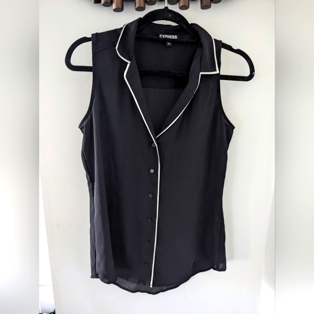 Express Women's Black Blouse with White Trim - Size US S/M
